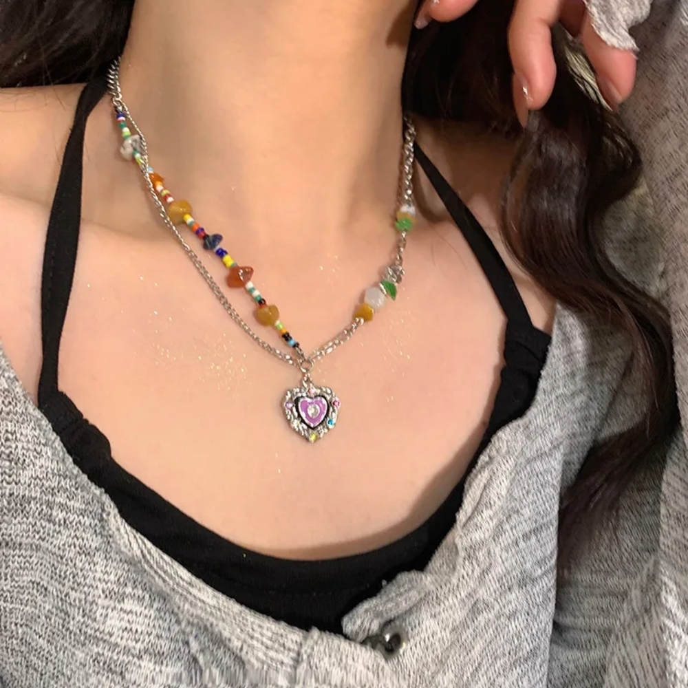 🆕️ 3 Pack Colorful Beaded Necklace with Heart Pendant